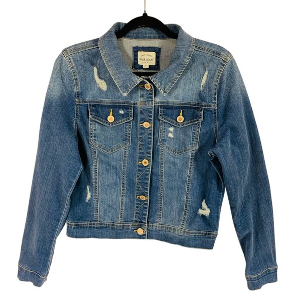 Distressed denim Jean Jacket women in med Wash Blue size medium WAX JEAN - Picture 3 of 16